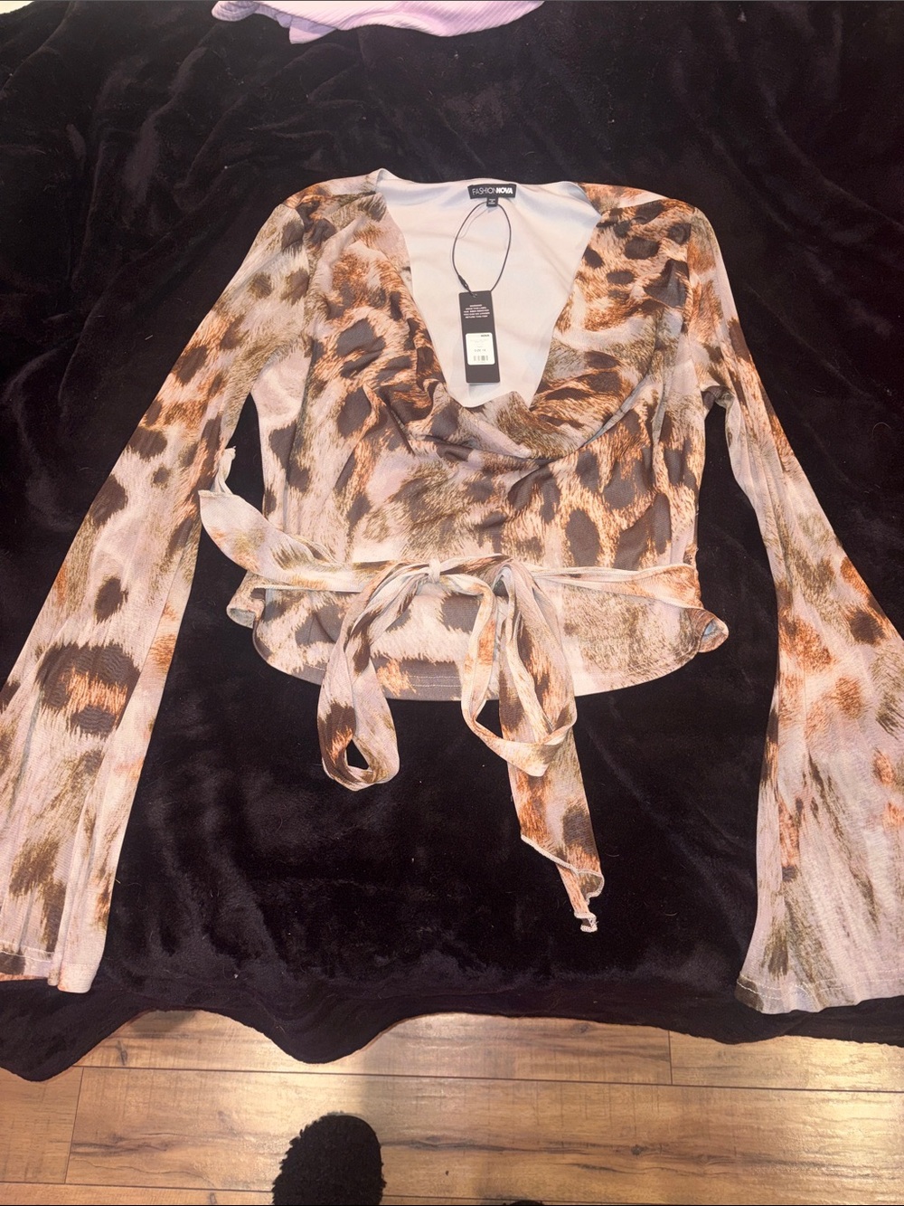 Fashion Nova Leopard Print Wrap Blouse in Brown and Tan